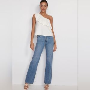 Amur Top Femi White One Shoulder Ruffle Neck 100% Organic Cotton T Shirt Size M